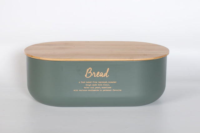 Rockingham Bread Box in gray/green with gold lettering, featuring a bamboo lid for fresh bread storage.