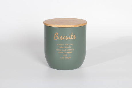 Elegant Rockingham Biscuit Tin in gray/green with gold lettering, eco-friendly bamboo lid, and durable design for kitchen storage.