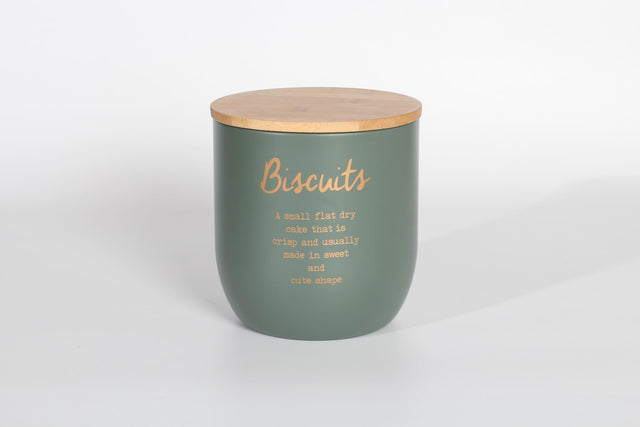 Elegant Rockingham Biscuit Tin in gray/green with gold lettering, eco-friendly bamboo lid, and durable design for kitchen storage.
