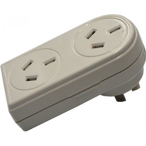 Vertical double adaptor with 2 outlets, 10 amps, ideal for efficient power expansion in home or office spaces.