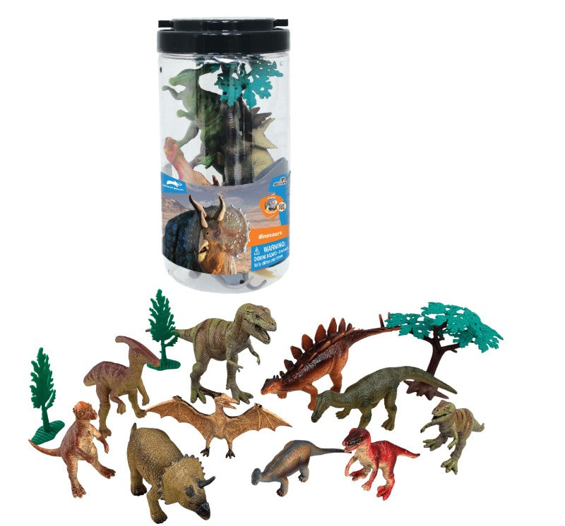 Colorful 13-piece dinosaur toy set in a bucket, designed for imaginative play and eco-friendly fun for kids aged 3 and up.