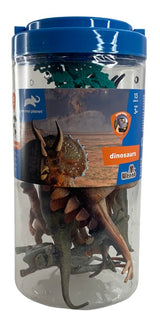 Colorful 13-piece dinosaur toy set in a bucket, featuring T-Rex, Triceratops, and Stegosaurus, for imaginative play.