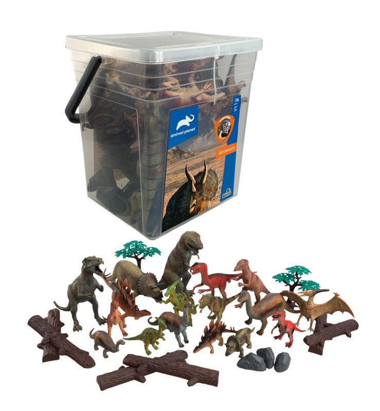 28-piece dinosaur toy set in square bucket, eco-friendly, promotes creativity and motor skills for young paleontologists.