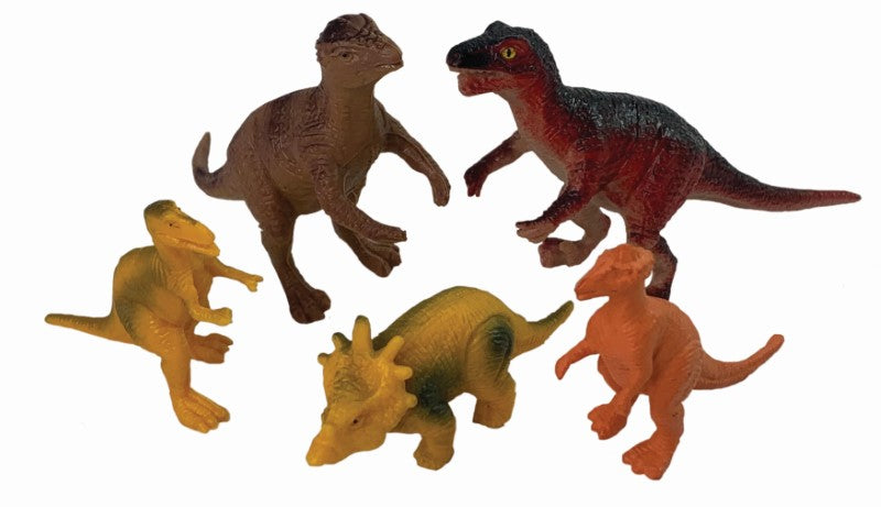 Colorful 5-piece dinosaur toy set made from eco-friendly plastic, perfect for imaginative play and learning for ages 3+.