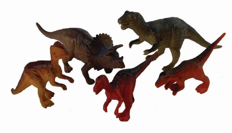 Colorful 5-piece dinosaur toy set made from eco-friendly plastic for imaginative play and learning.