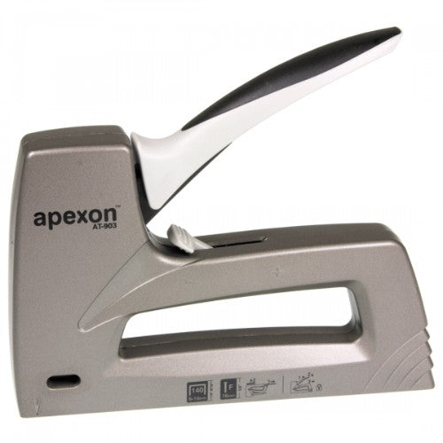 APEXON Staple Gun model #AT-903, featuring durable aluminum housing, comfortable grip, and adjustable power for heavy-duty stapling.