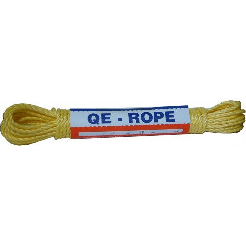 Durable 4mm yellow rope, 15m long, UV stabilized, floats on water, ideal for fishing, boating, and heavy-duty tasks.