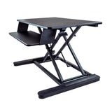 Ergonomic sit-stand desk converter with 900 mm surface, supports dual monitors, pneumatic height adjustability for comfort.