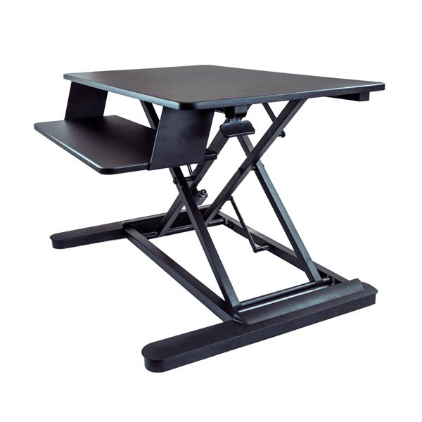 Ergonomic sit-stand desk converter with 900 mm surface, supports dual monitors, pneumatic height adjustability for comfort.