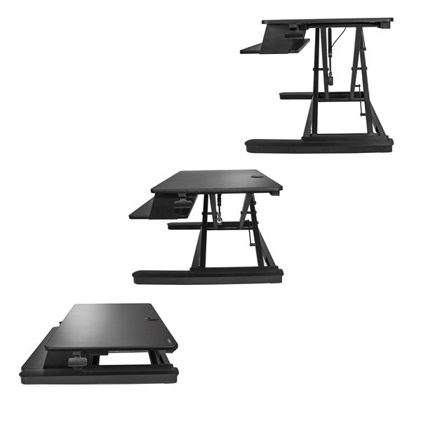 Ergonomic sit-stand desk converter with 900 mm surface, supporting dual monitors and smooth height adjustments.