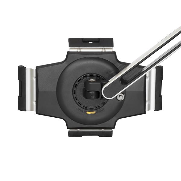 Adjustable desk-mount tablet stand with articulating arm for optimal iPad and Android device positioning.