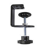 Adjustable desk-mount tablet stand with articulating arm for optimal device positioning and cable management.