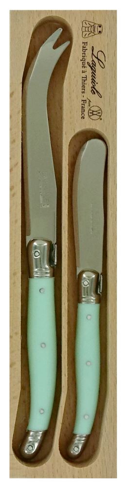 Verdier Ch Knife & Spreader set in pale green, crafted in France, perfect for cheese and charcuterie, dishwasher safe.