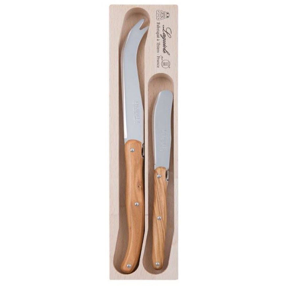 Verdier Ch Knife & Spreader Set features olive wood handles and stainless steel blades for elegant cheese serving.