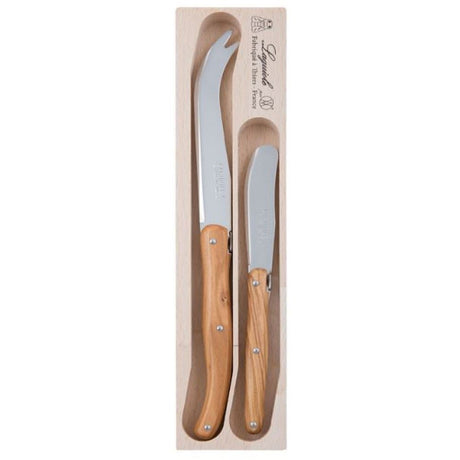 Verdier Ch Knife & Spreader Set features olive wood handles and stainless steel blades for elegant cheese serving.