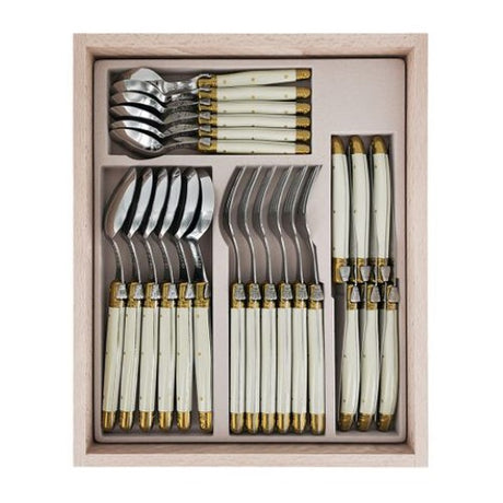 Elegant 24-piece Verdier cutlery set in Ivory/Brass with stainless steel and resin handles, perfect for dining and gifting.