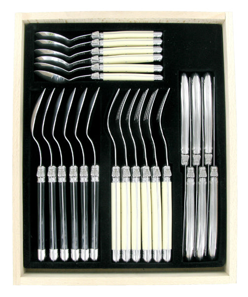 Elegant Verdier 24-piece cutlery set with ivory and black handles, featuring stainless steel and iconic Laguiole Bee emblem.