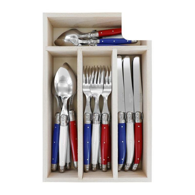 24-piece Verdier cutlery set featuring red, white, and blue handles, crafted from stainless steel, elegantly packaged in a wooden box.