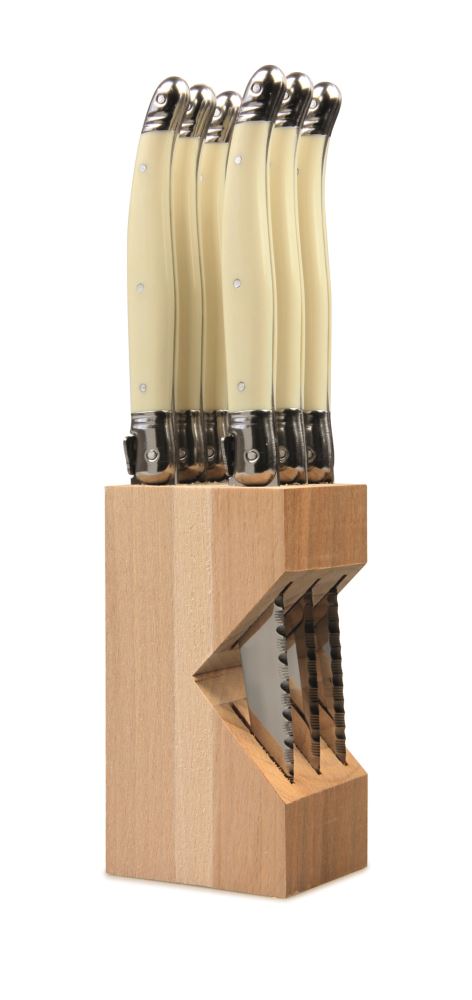 Elegant Verdier Knife Block Set with six stainless steel knives and ivory resin handles, featuring the Laguiole Bee emblem.