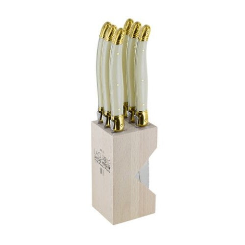 Verdier Steak Knife Block Set of 6, elegant ivory handles with brass accents, and stainless steel blades for seamless slicing.