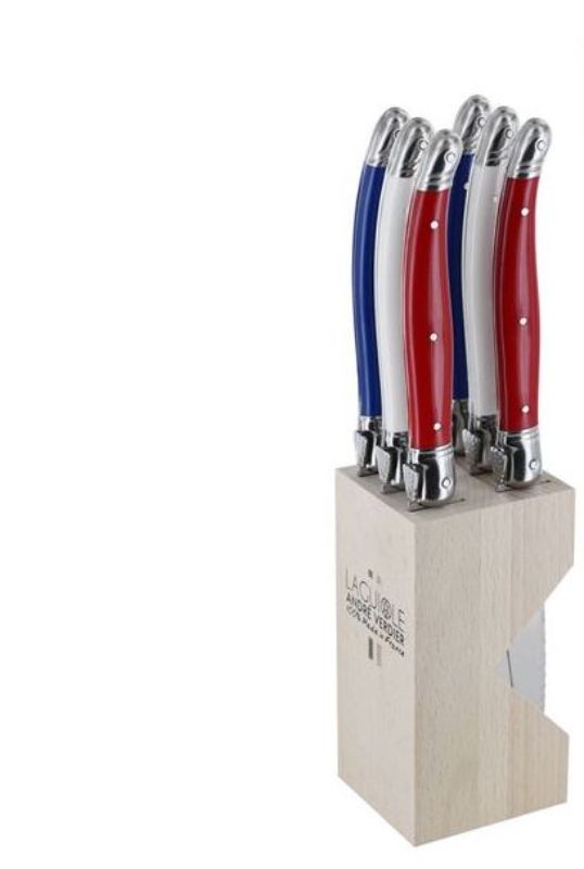 Verdier Tricolour Knife Block Set featuring vibrant red, white, and blue handles, stainless steel blades, and elegant wooden block.