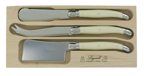 Elegant Verdier 3 Piece Cheese Set with stainless steel knives and spreader, featuring resin handles and Laguiole bee emblem.