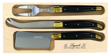 Elegant three-piece cheese set with stainless steel blades, resin handles, and brass bolsters, perfect for serving and gifting.