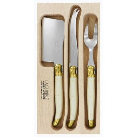 Elegant 3-piece cheese knife set in ivory and brass, perfect for serving various cheeses at gatherings.