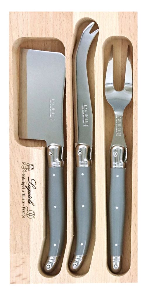 Premium three-piece Verdier Cheese Set in Mouse Grey, featuring stainless steel blades and resin handles, in wooden gift tray.