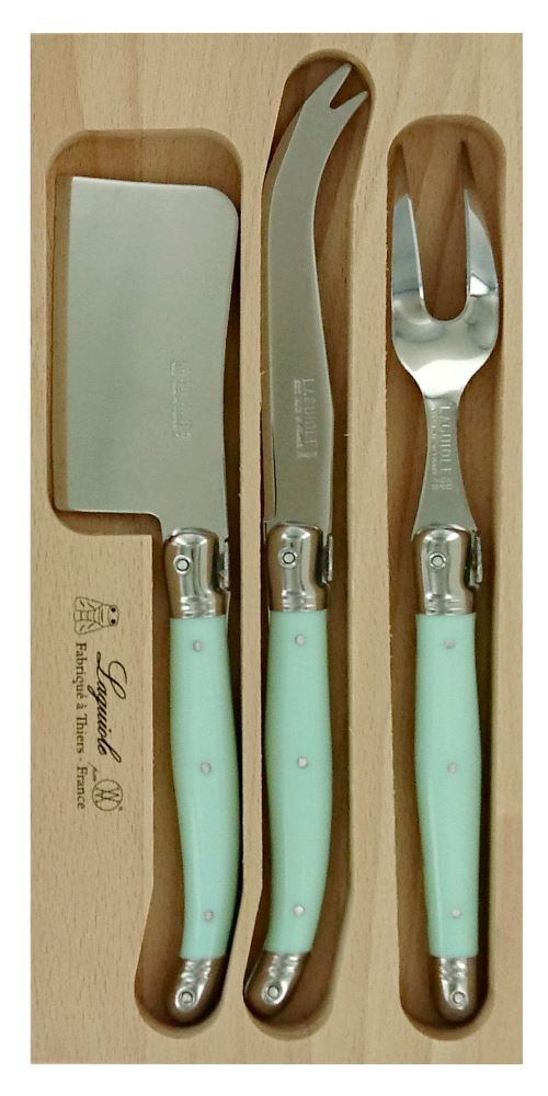 Pale green 3-piece cheese set featuring Laguiole bee, stainless steel blades, and elegant resin handles in a gift tray.