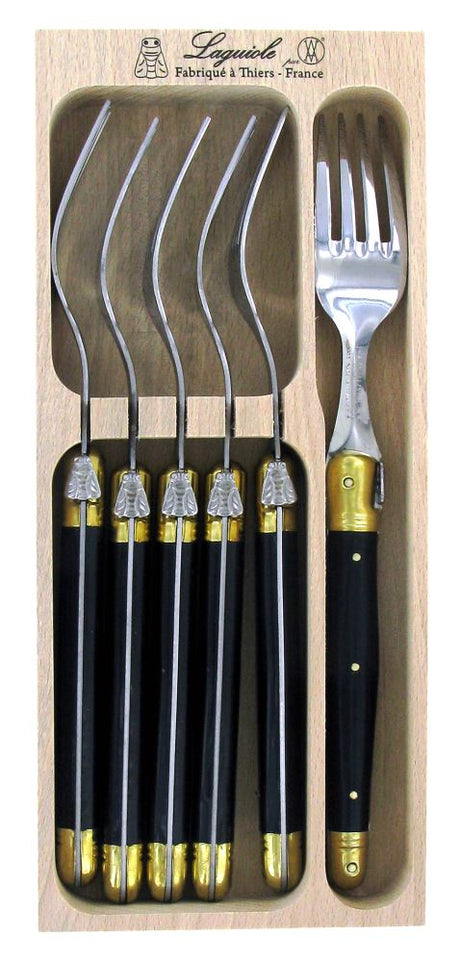 Set of 6 elegant forks with brass bolsters, featuring vibrant resin handles and the signature Laguiole Bee, crafted in France.