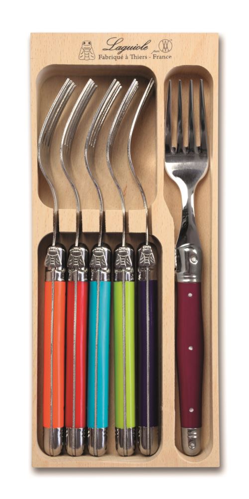 Set of 6 vibrant Wild Flowers forks by Andre Verdier, crafted in France with stainless steel and colorful resin handles.