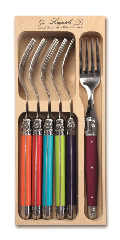 Set of 6 vibrant Wild Flowers forks by Andre Verdier, crafted in France with stainless steel and colorful resin handles.
