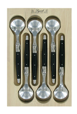 Set of 6 black Verdier soup spoons featuring ergonomic resin handles and Laguiole Bee signature, perfect for elegant dining.