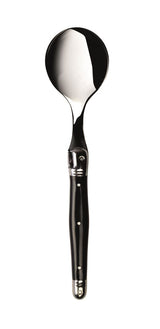 Set of 6 black Verdier soup spoons with stainless steel and colored resin handles, featuring the Laguiole Bee design.