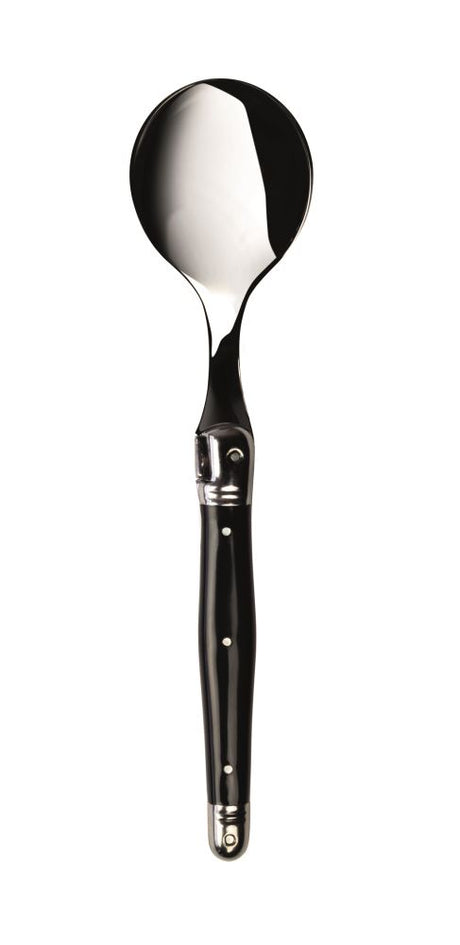 Set of 6 black Verdier soup spoons with stainless steel and colored resin handles, featuring the Laguiole Bee design.