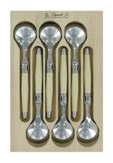 Set of 6 ivory soup spoons with resin handles and Laguiole Bee, crafted in France for elegant dining.