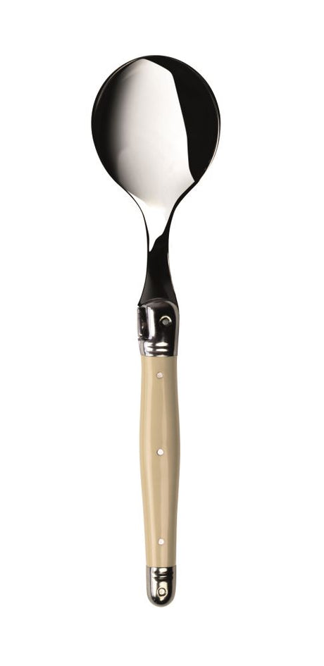 Set of 6 ivory soup spoons with stainless steel and resin handles, featuring the Laguiole Bee for elegant dining.