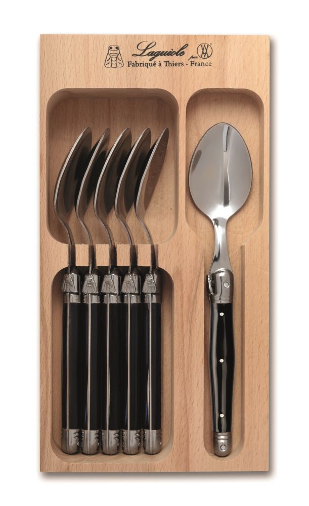 Set of 6 black stainless steel teaspoons featuring Laguiole Bee emblem, elegant design for dining and dessert serving.