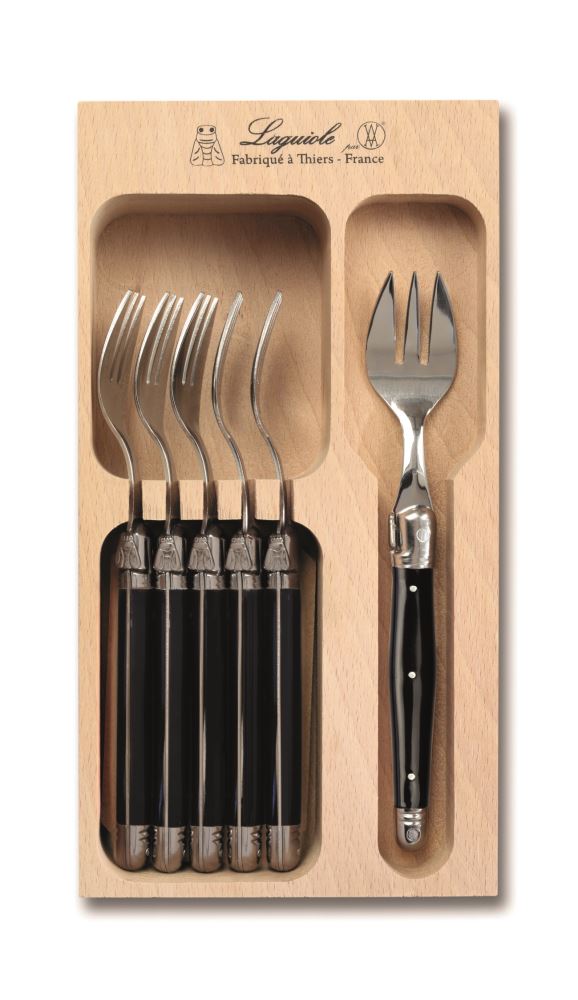 Set of 6 elegant black Laguiole-style cake forks, made in France with stainless steel and resin handles, featuring iconic bee design.