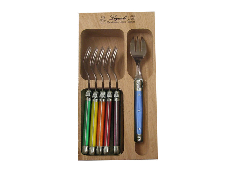 Set of 6 vibrant cake forks with resin handles featuring the Laguiole Bee, perfect for serving desserts.