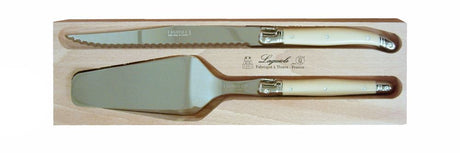 Elegant ivory cake server set with stainless steel and colored resin handles, featuring the Laguiole Bee emblem.