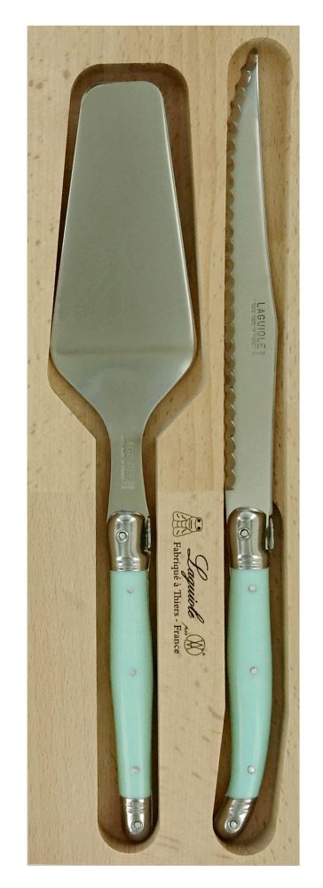 Verdier Cake Slice Server Set in pale green, featuring stainless steel and resin handles with Laguiole Bee emblem, dishwasher safe.