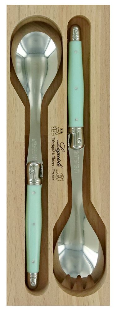 Pale green stainless steel salad server set with resin handles, featuring Laguiole bee, presented in a wooden gift tray.