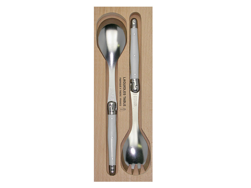 Elegant Verdier Salad Server Set in White, featuring stainless steel and resin handles, ideal for stylish dining and easy cleanup.