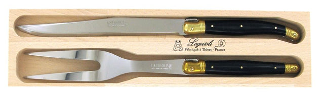 Elegant Verdier Carving Set Brass with stainless steel blades, resin handles, and brass bolsters, packaged in a wooden gift tray.