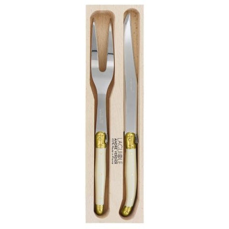 Elegant Verdier Carving Set in Ivory and Brass with stainless steel blades, featuring Laguiole craftsmanship and a rustic wooden gift tray.