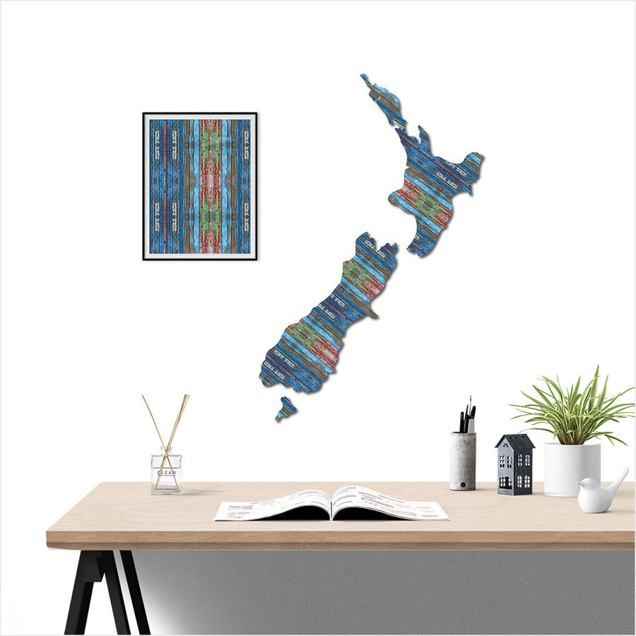 NZ Map In Aged Timber Pattern - Wall Art - Large