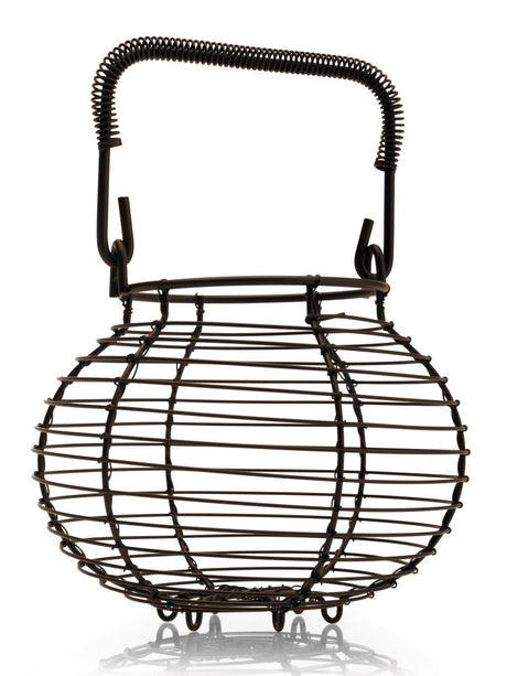 Brown wire Garlic Basket by KILO with open sides, handle, ideal for storing garlic and vegetables while adding rustic kitchen style.