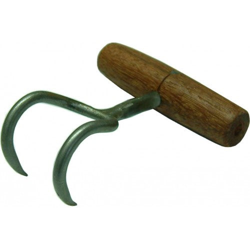 Durable double pronged bag hooks with Tawa wood handle, ideal for lifting and hanging heavy bags in agriculture and transport.
